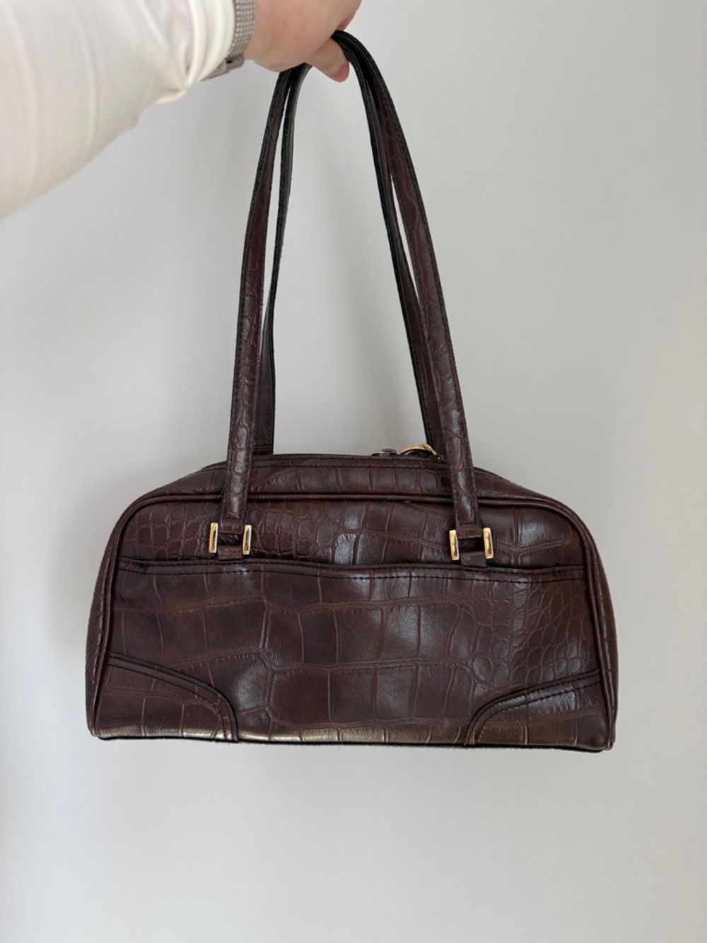 Croc-Embossed Shoulder Bag in Dark Brown